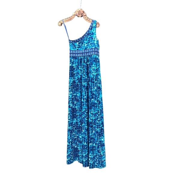 BCBGMAXazria One Shoulder Grecian Maxi Empire Waist Cyan Blue Wave Combo M - Picture 1 of 6